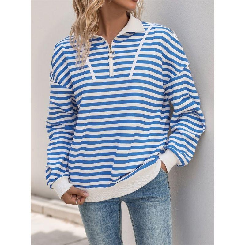 

Fashion Women Fleeces Ladies T Shirt Tops Autumn Stripe Zip-up T-shirt Hoodie Blue XL