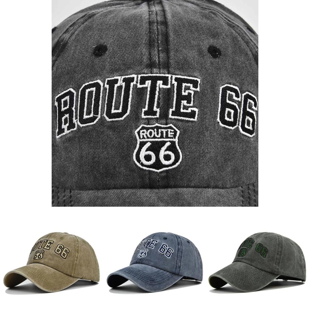 Route 66 Vintage Embroidered Baseball Cap Washed Denim Duckbill Cowboy Hat Sun Hat