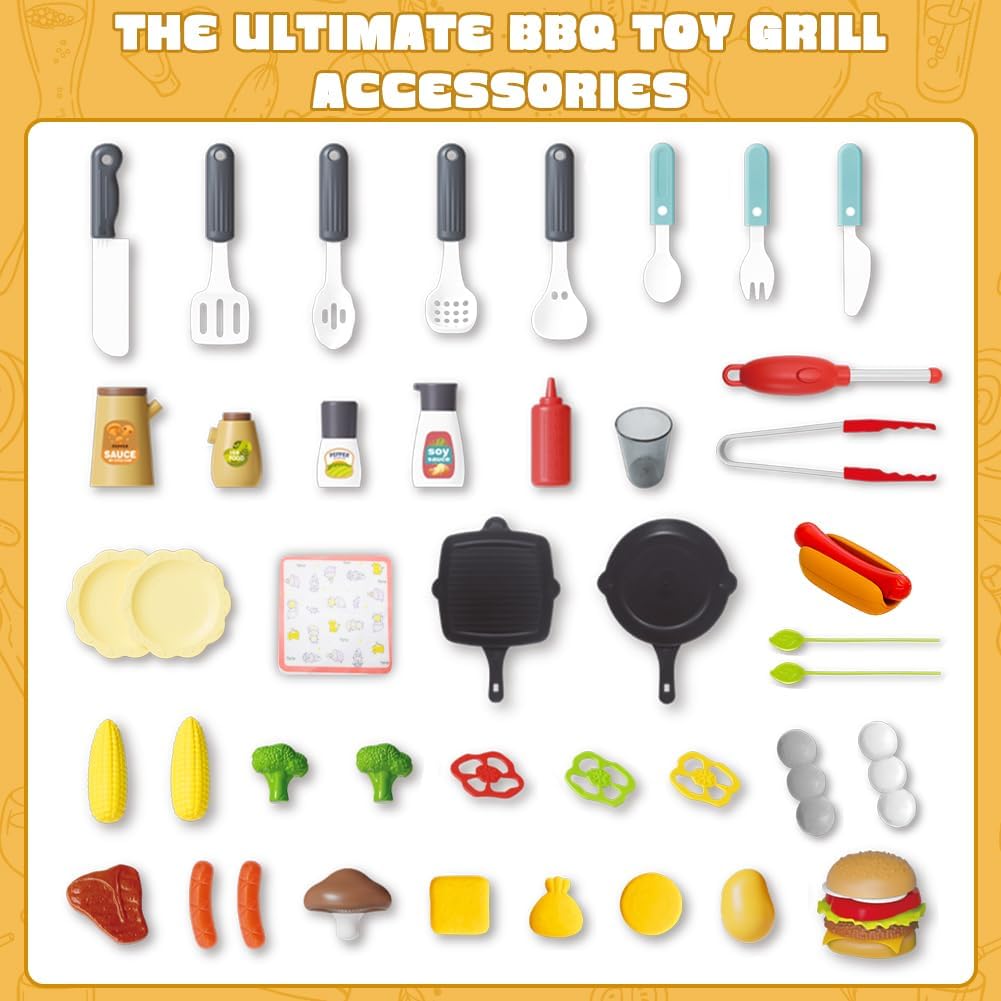 Kinder Grillspielset BBQ Spielzeug Grill mit Rauch Geräusch Licht Rädern Rollenspiel Küchenspielzeug für Kleinkinder Barbecue Spielzeugessen Geschenke