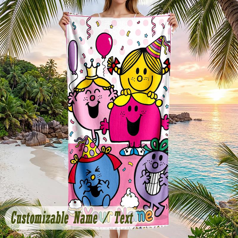 Mr. Men & Little Miss Beach Towel, Personalized Custom Text, Quick Dry Soft Large Towel For Swimming Pool Travel