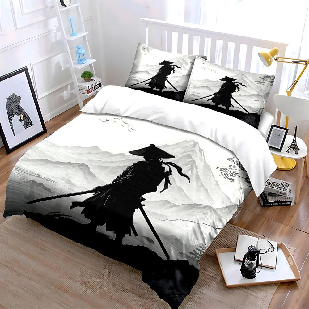 Samurai Silhouette with Swords Bedding Duvet Cover Set (1*Duvet Cover 2*Pillowcases, Without Duvet Insert)