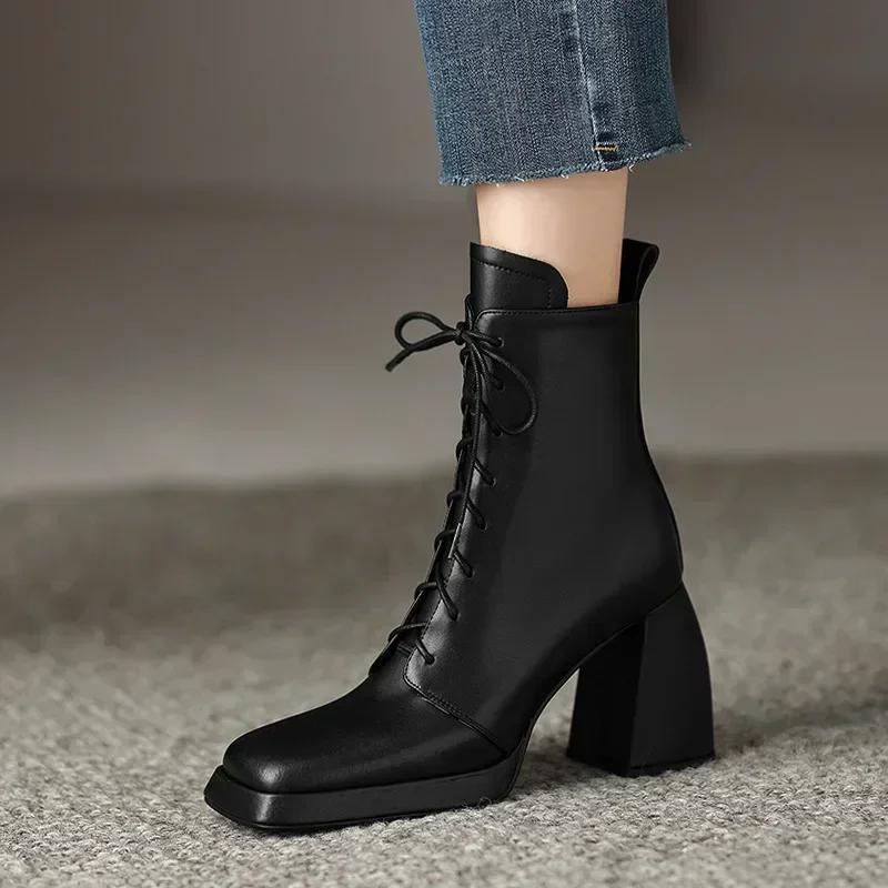 Women High Heels Ankle Shoes Chunky Platform Chelsea Boots Autumn 2024 Lace Up Square Toe Casual Brand Zapatos