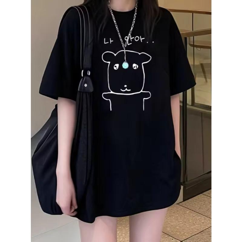 

New Summer Elegant WomenS Loose Drop Shoulder Round Neck TShirt Short Sleeve Japanese and Korean Style Cartoon Puppy 4XL