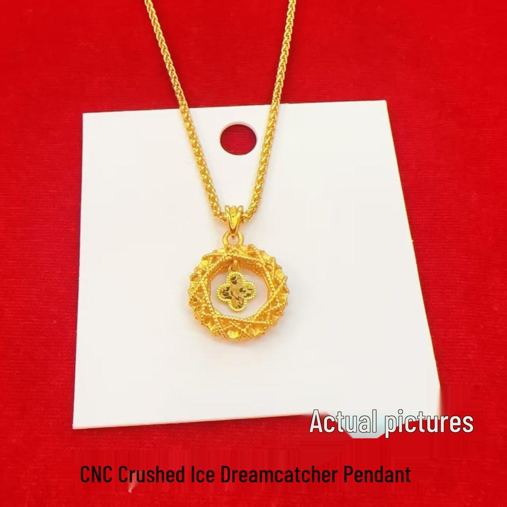 Gold Crushed Ice Dream Catcher Four-Leaf Clover Necklace - Imitation Vietnamese Sand Gold Clover Pendant