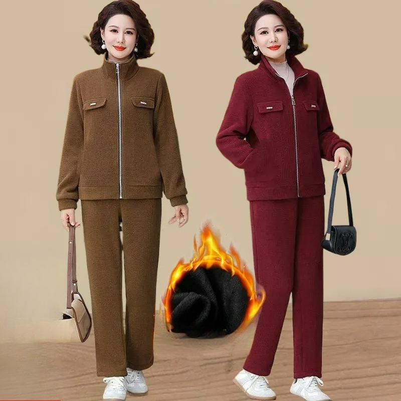 Plus Velvet Warm Sportswear Suit Women's Autumn and Winter Western Style Casual Ladies Suit Two-piece Suit