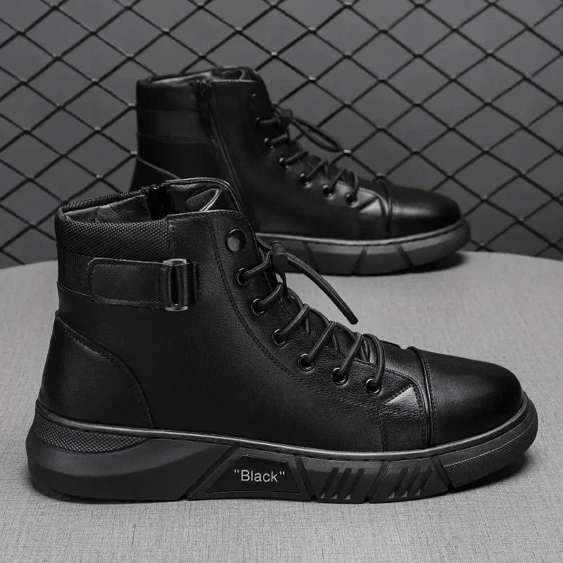 

Fashion Men Leather Shoes High Top Boots Fashion Motorcycle Ankle Boots Men Winter Boots Man Shoes Lace-Up Botas Hombre Spring Hot Sale 39