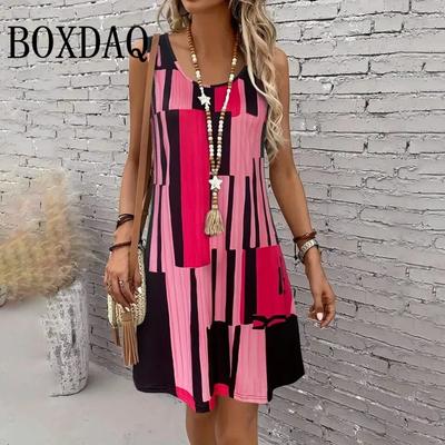 Farbverlauf Kontrastfarbe Druck Damen Elegant Locker Kurz Kleid Mode Damen Lässig Täglich Ärmellos Streifen Mini Kleid Sommer