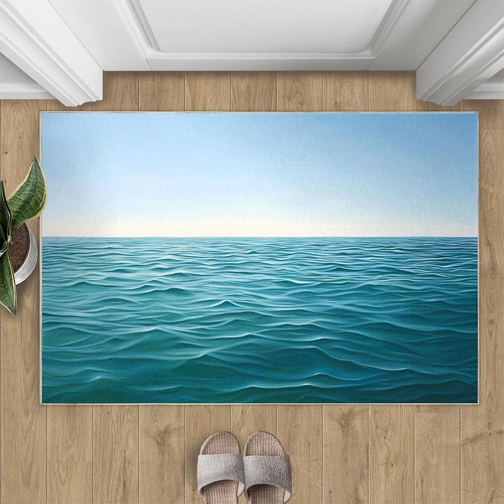 Urlaubsstil Strand Fußmatte Palmen Ozeanwellen Weiße Wolken Druck Urlaubsthema Heimdeko Eingangsteppich für Wohnzimmer