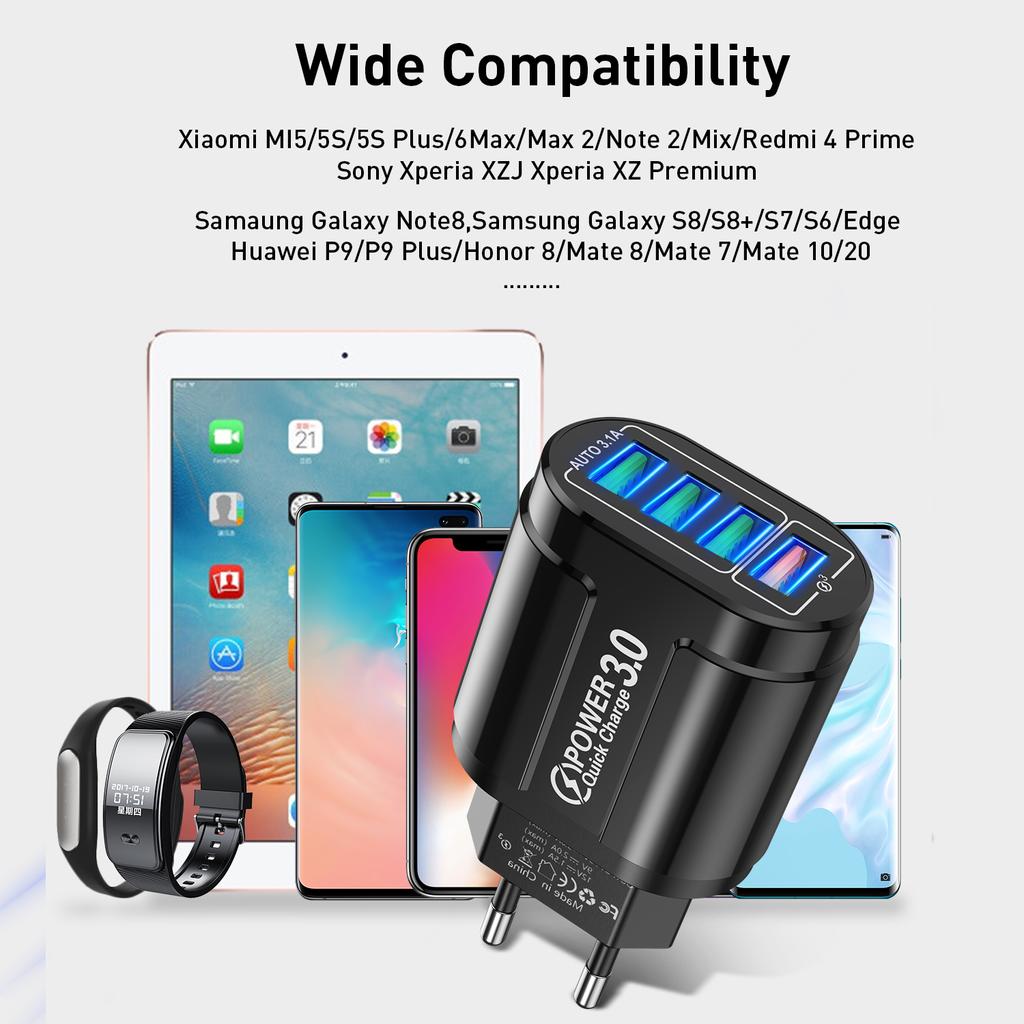 4 Ports USB Charger Quick Charge 3.0 48W Phone Adapter For iPhone Xiaomi EU/KR/AU Plug Portable Wall Mobile Fast Charger