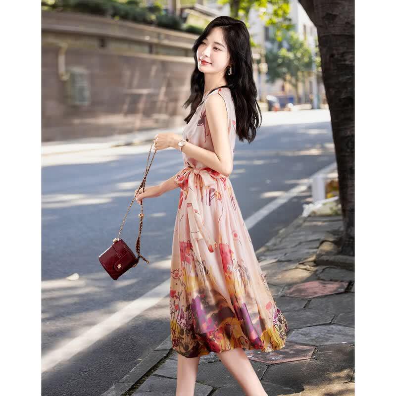 Demana Silk Printed Sleeveless A-Line Maxi Dress XL