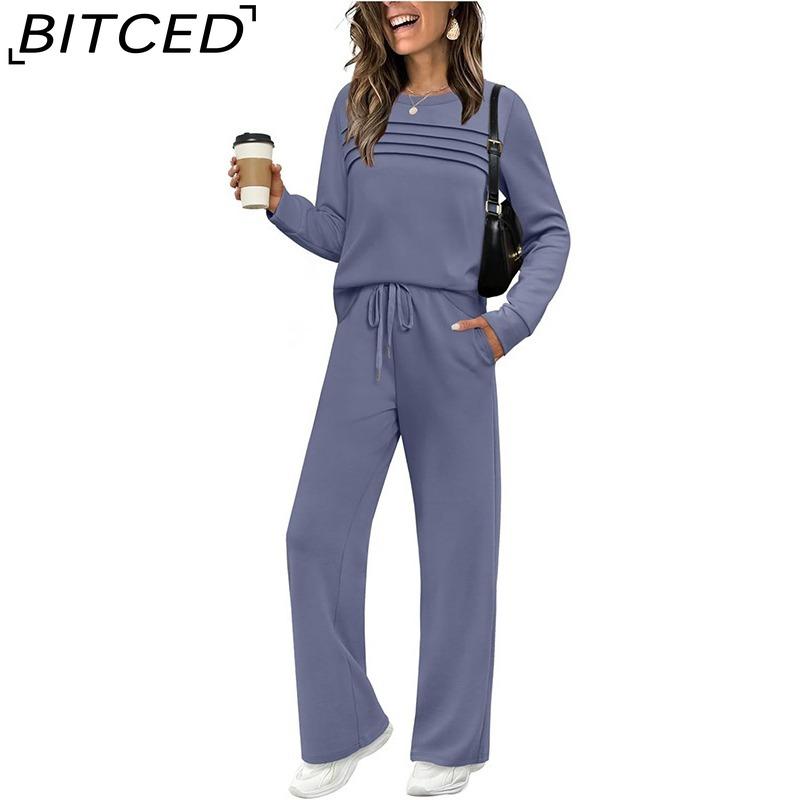 Autumn Ladies' Set: Long-Sleeved O-Neck Sweatshirt with Casual Elasticated Waist Trousers and Wide-Leg Pants