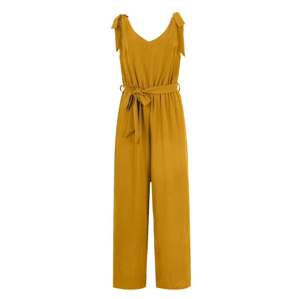 Ladies' Casual Loose  Solid Color Sleeveless Camisole Tie Up Cropped Pants Jumpsuit