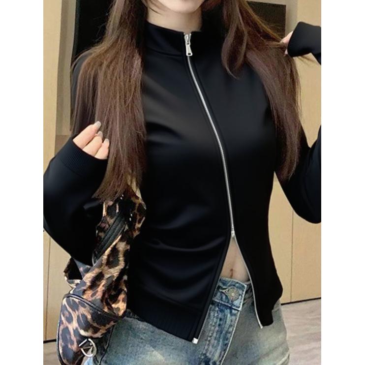 Petite Women's Double-Zip Waist-Cinched Cardigan with Stand-Up Collar - Spring/Autumn Long-Sleeve Top 2025