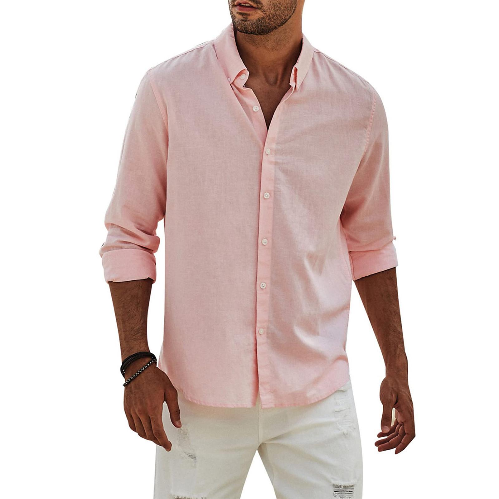 

Men s Fashion Long Sleeve Colour Casual T Shirt Button Regular Fit Shirt Top M рожевий