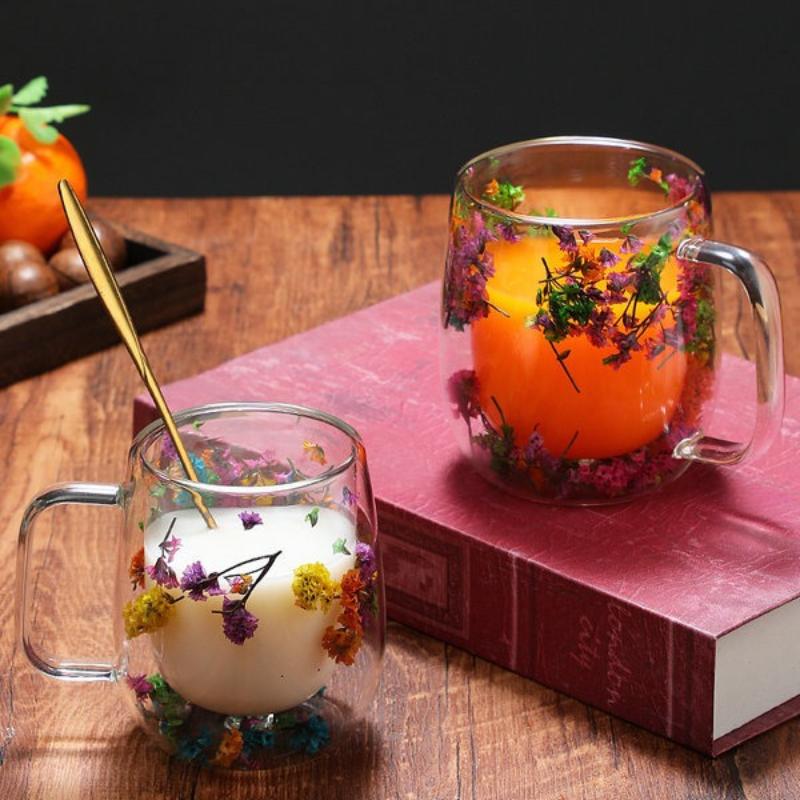 Double Layer Borosilicate Glass Mug with Dried Flower Inside Clear Design for Office Bar Home Coffee Tea Drinkware Gift