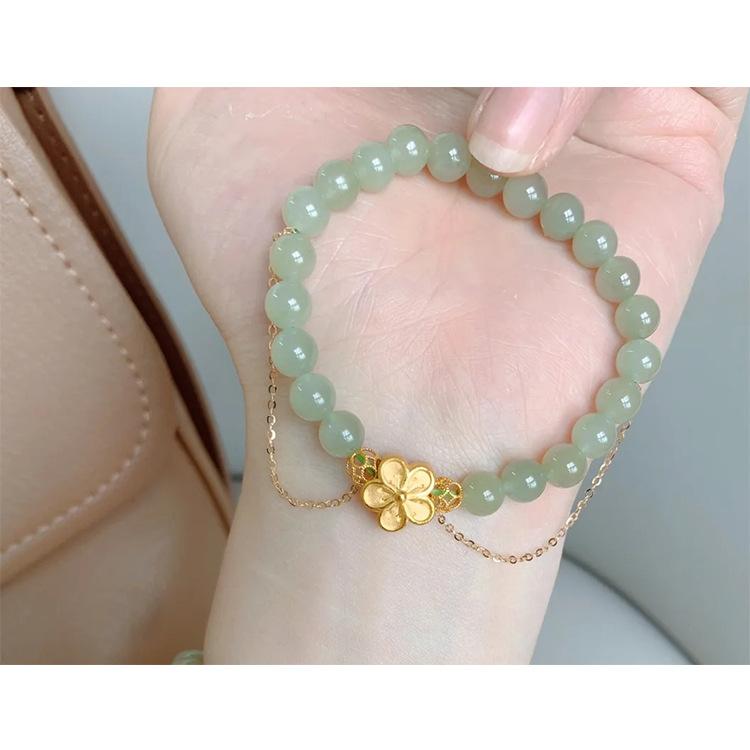 Peach Blossom Beaded Bracelet with Handmade Beads and Hetian Jade Fortune Charm, Chinese Style Niche Design, New Model for Women