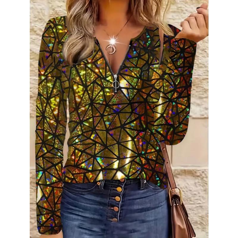 Women's Elegant Printed Zipper Long-sleeved Top, Stylish and Versatile for Autumn and Winter Casual and Office Wear, Machine Washable