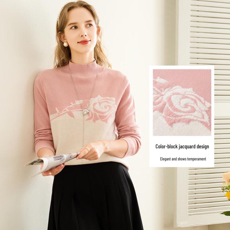 TUHUANG Women's Pure Wool Colorblock Jacquard Semi-High Neck Sweater