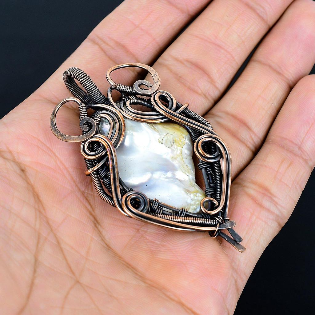 Biwa Pearl 999 Copper Wire Wrapped Pendant, Handmade Gemstone Pendant Jewelry, Gifts For Wife Brand New Pendant