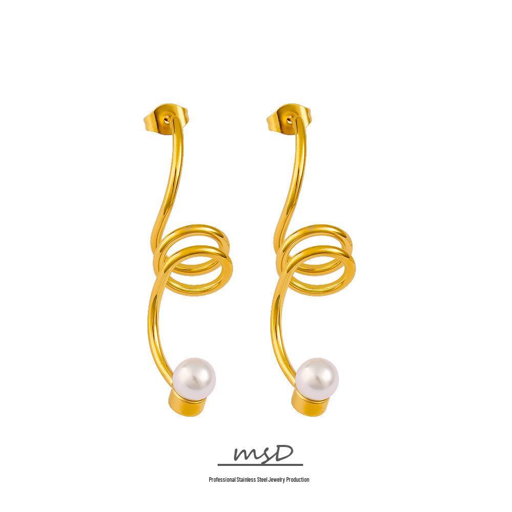 Fashionable Threaded Stainless Steel Pearl Earrings - Simple European & American Style