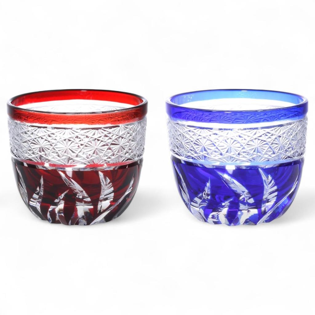 Mizukage Kiriko Pair of Glasses for Cold Diameter 60mm x Height Red Bishou J-kitchens Sake, 50mm, 70cc, Obi-shibori Pattern, & Blue, (Current Model)