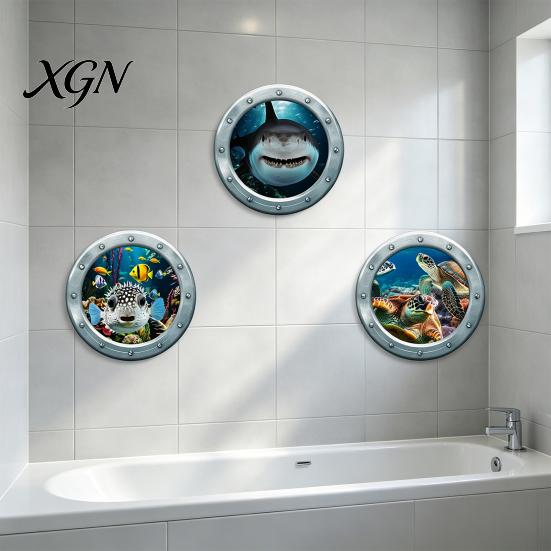 Bathroom Wall Decor for Kids 3Pcs Underwater World Sticker, Ocean Animals Decals, Peel And Stick Vinyl Fantasy Bubble Accents Stickers, 3D