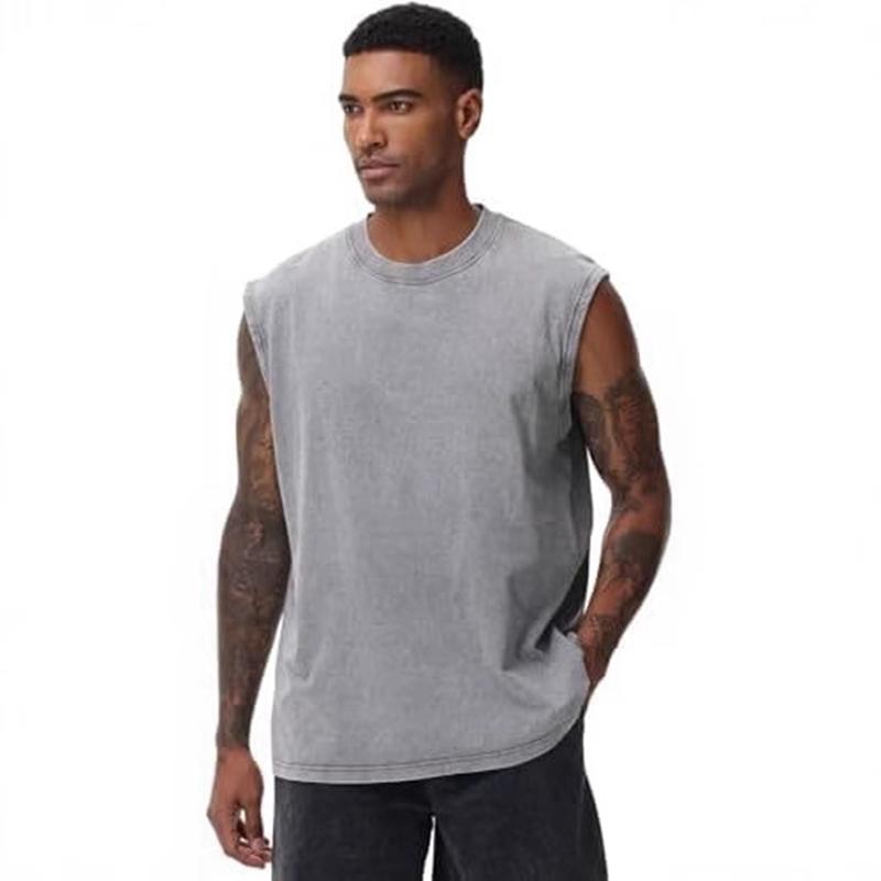 Men's Washed Cotton Sleeveless T-Shirt Crew Neck Loose Fit Workout Tank Top