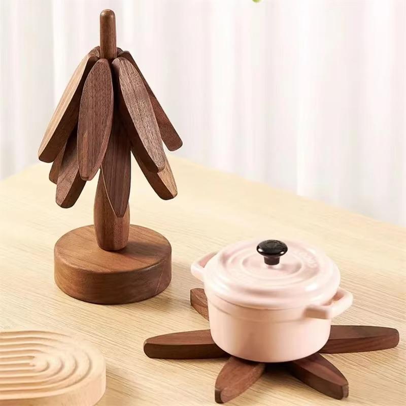 4PCS Wooden Trivets for Hot Dishes Folding Tree Shape Design Anti Scald Heat Resistant Table Mat Set Coaster Wood Placemats Pot