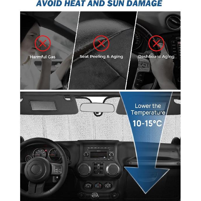 JOYTUTUS Upgraded Windshield Sun Shade Compatible With Wrangler JK JKU TJ, Foldable JK Windshield Sunshade Sun Visor Blocks UV Rays, Sun Shade Shield