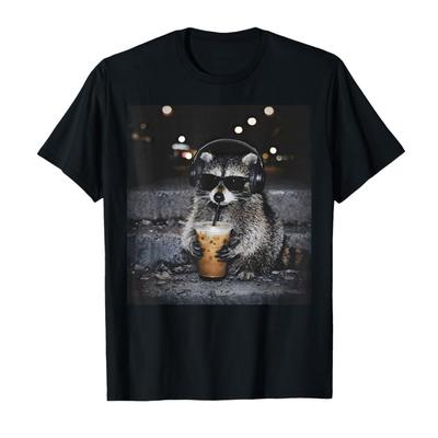 Waschbär trinkt Eiskaffee Lustiges Tier-Meme T-Shirt Für Männer Frauen 100% Baumwolle T-Shirts Kurzarm-Oberteile 0204-1 - Herren Su...