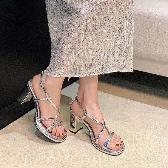 Silver high heels femininity beautiful high sense cross word with thick heel fairy sandals summer