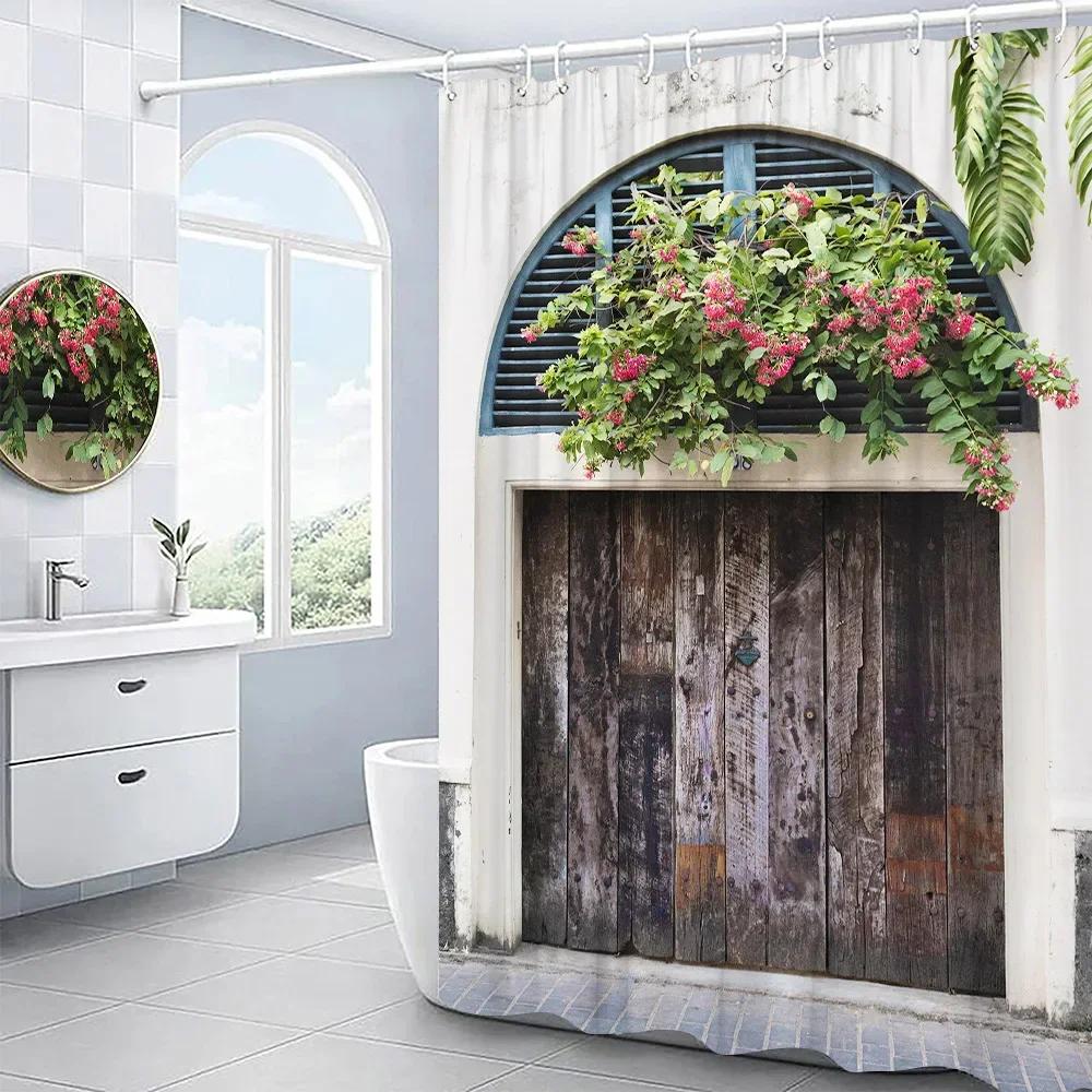 Retro Rustic Old Vintage Wood Doors Shower Curtain Set Country Rustic Barn Doors Farm Decor Fabric Bathroom Curtain Bath Screens