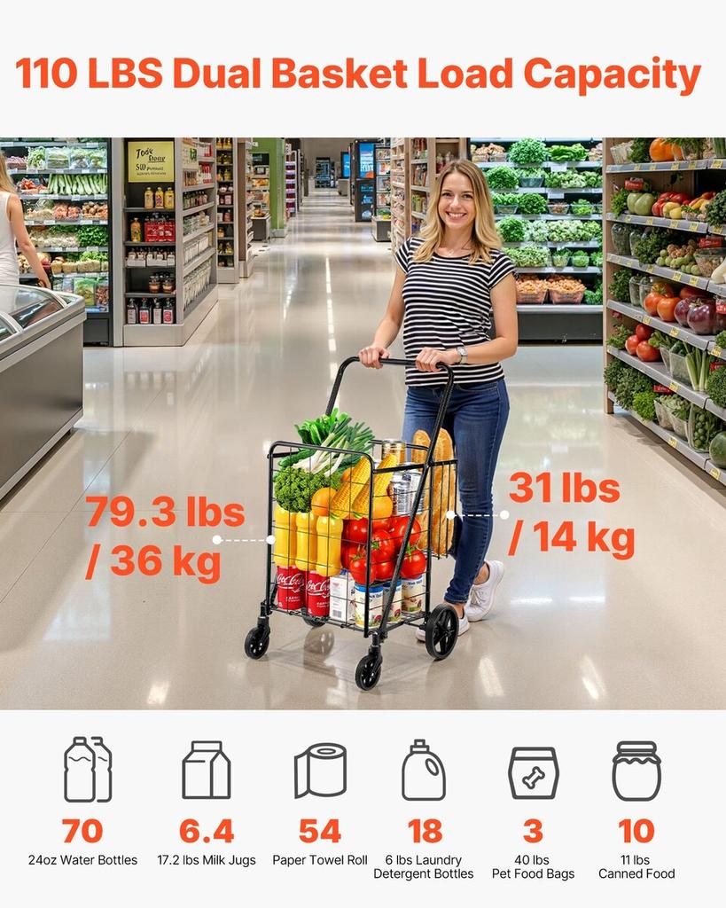 Folding Shopping Cart, Jumbo Grocery Cart with Double Baskets, 360° Swivel Wheels, Heavy Duty Utility Cart, 110 LBS Large Capacity Utility Cart for