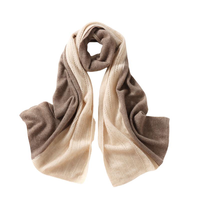 Women's 100% Pure Cashmere Scarf: Autumn/Winter Hollow-out Floral Color-Block Knit Shawl, Korean Style, Versatile and Warm.