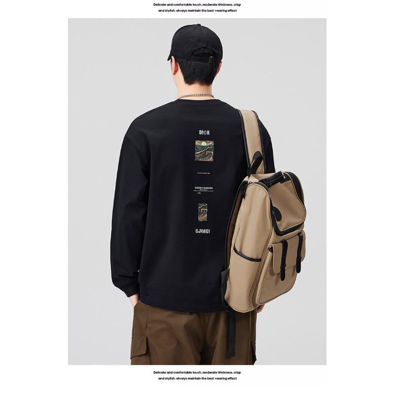 Men Black Printed Round Neck Long Sleeve Loose Casual Cotton T Shirt