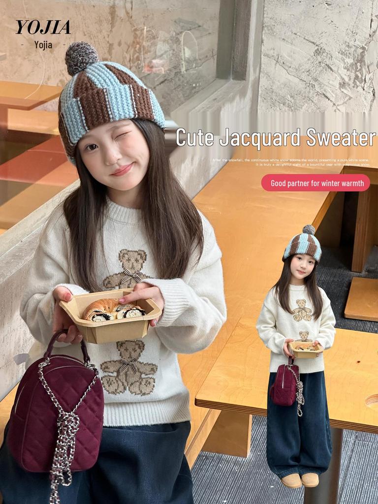 YOJIA Girls' Cartoon Sweater - Winter 2025, Fashionable Warm Knitwear