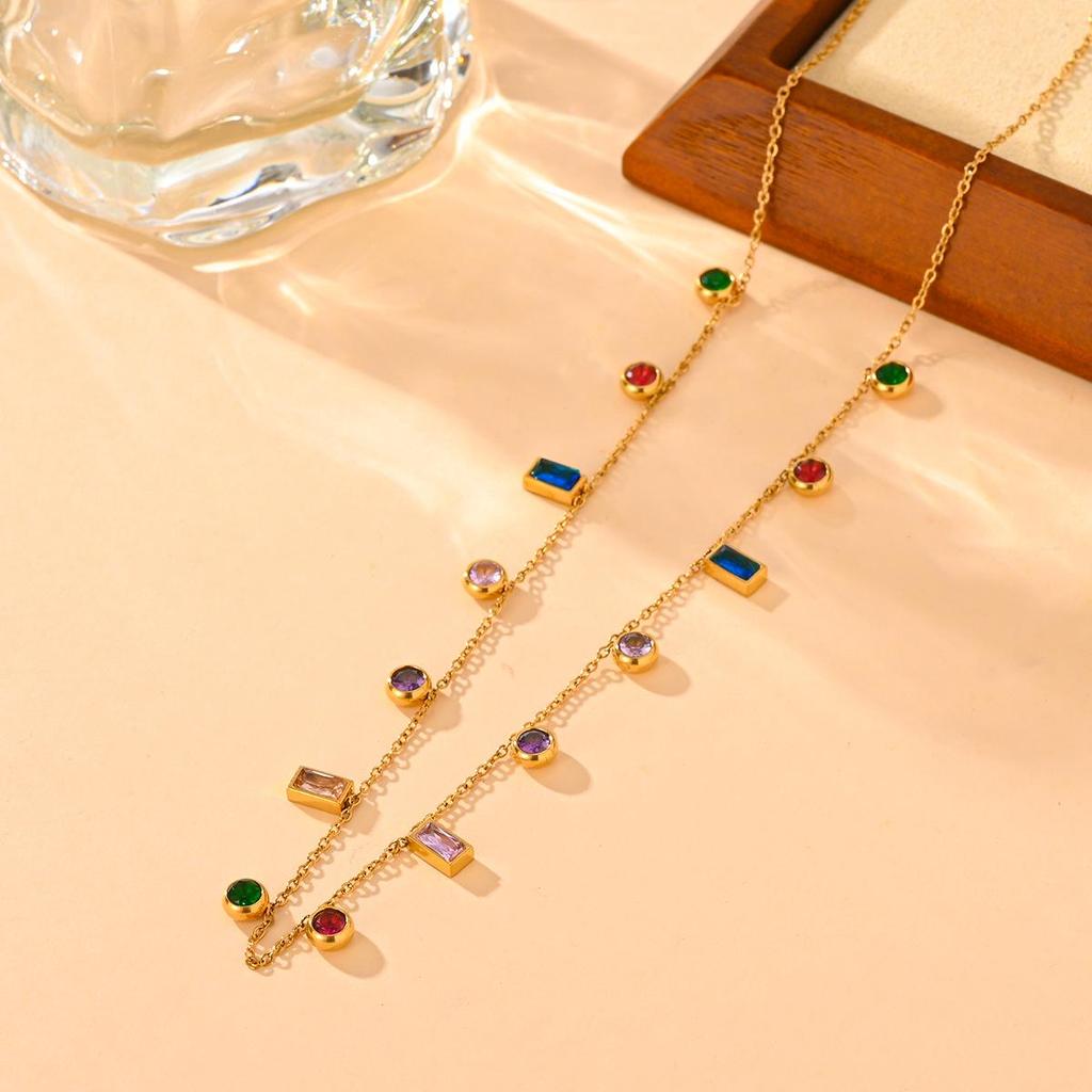 Titanium Steel Multicolor Zirconia Necklace & Bracelet Set - Elegant, Fashionable, and Versatile
