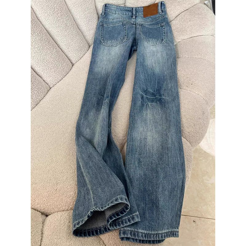 American Retro Blue Washed Distressed Slightly Flared Jeans Women's Summer New Arrival Mid-Low Waist Slim Looking Drooping Wide-Leg Pants