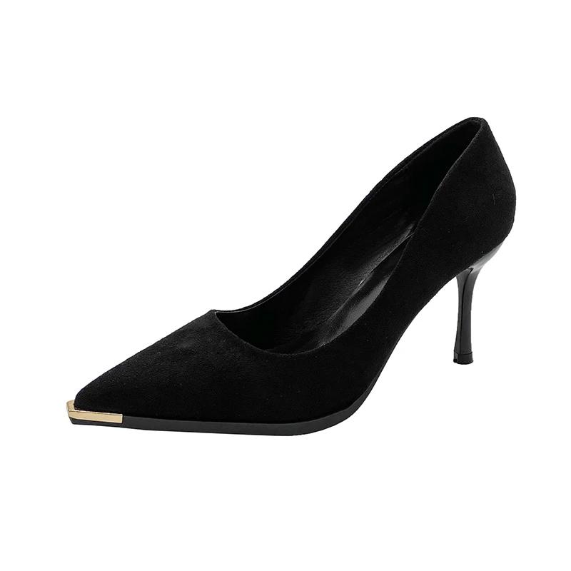Women's Single Shoes With Heels Pointed Toe Thin Heels Black Four Seasons Metal Decoration Plus Size Single Shoes 2025new Shoes
