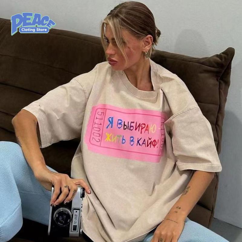 Retro Pure Cotton T-shirt for Women Summer Cute Russian Alphabet Printed T-shirt Fashion Casual Comfy Commute Short Sleeve Top