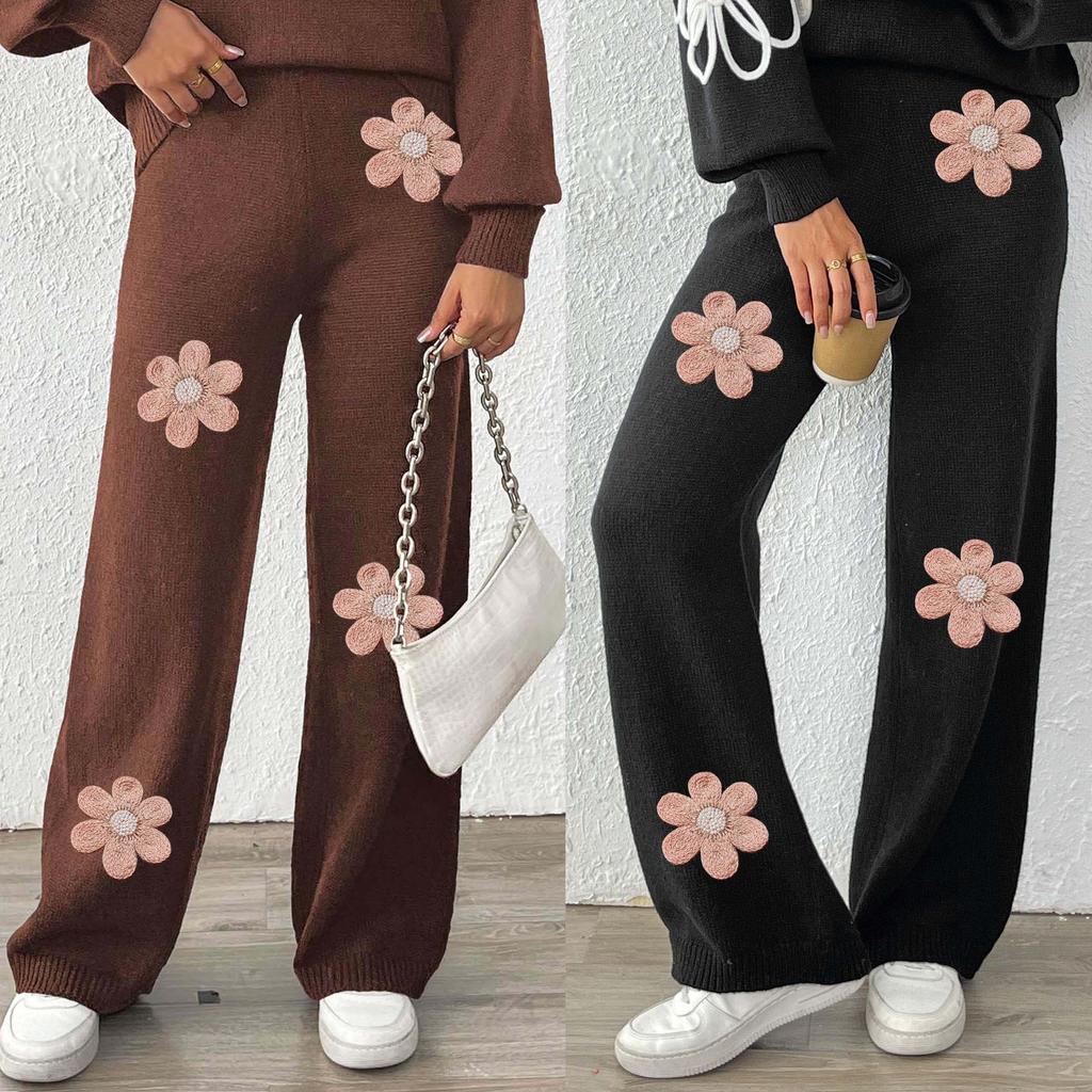 Women's Mid-high Waist Casual Wool Embroidered Flower Beading Fashionable Straight Pants Wide Leg Woven Wool Pants