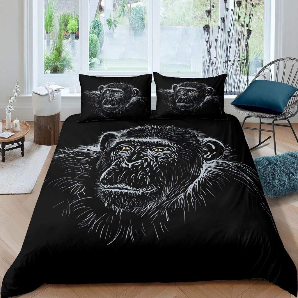 3D Gorilla Bettbezug Kopfhörer Gorilla Bettwäscheset Wildtiermuster Bettdeckenbezug Aquarell Blau Polyester Steppdeckenbezug