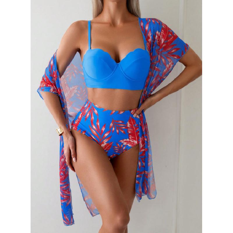 Women Three Piece Swimsuit Set With Leaf Print High Waist Bikini And Sheer Cover Up For Beach Swimming Water Sport Adult Summer Wear