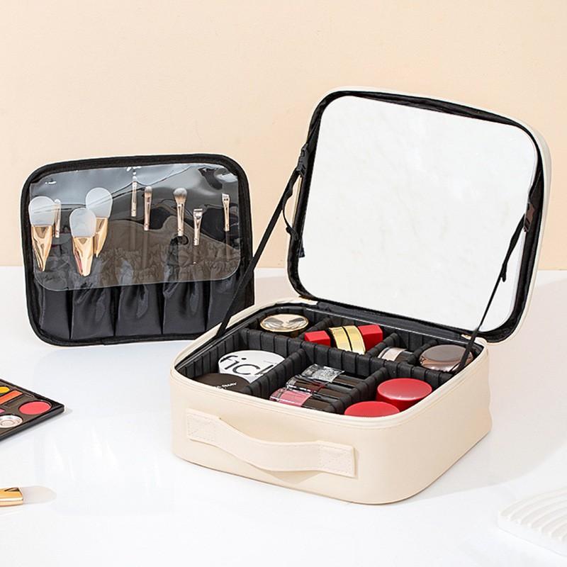 Large Capacity Travel Makeup Bag With LED Lighted Mirror Women PU Cosmetic Organizer Multi-Compartment Storage