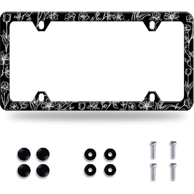 Black White Wildflowers License Plate Frame Beautiful Floral Flowers License Plate Frames Funny Auto Accessory Stainless Steel Flower License Plate Black and White Wildflowe