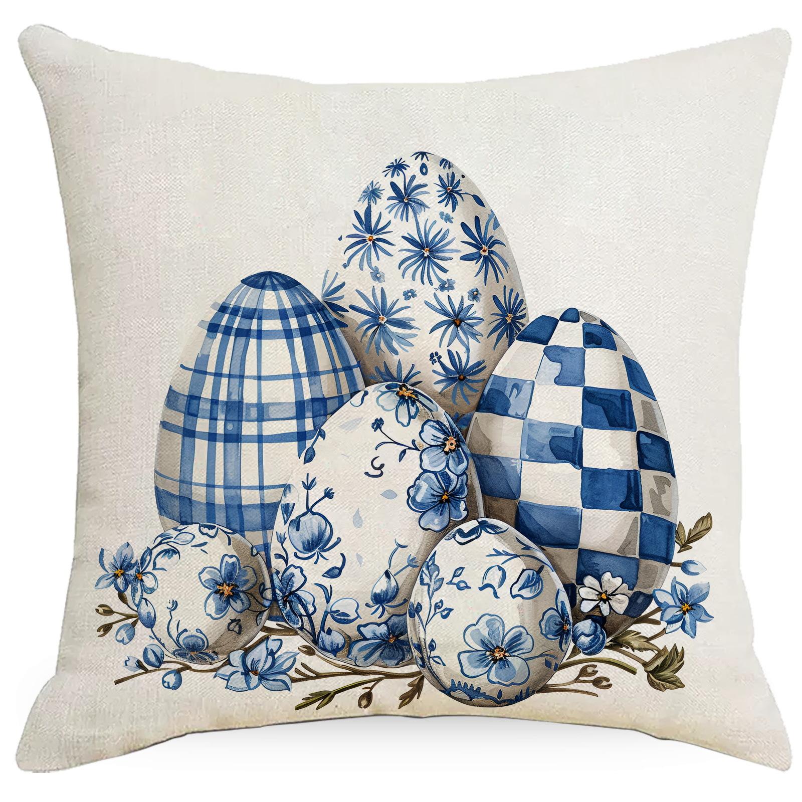 

Новая синяя клетчатая пасхальная наволочка, чехол для подушки, милая наволочка с кроликом, грузовиком и животными 45 * 45Cm