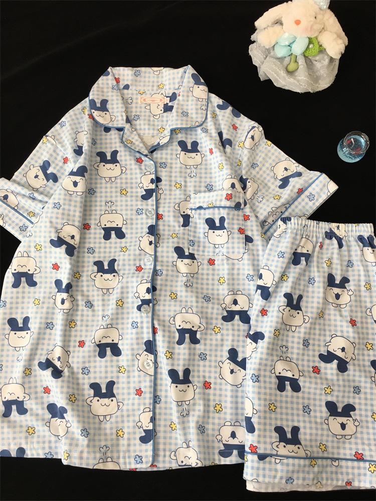 

Cute princess style blue plaid Mimi Ji pajamas women can wear short-sleeved shorts set girls loungewear in summer XXL