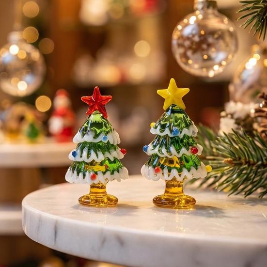 Collectable Glass Table Decor Handmade Mini Christmas Tree Figurine, Blown Tabletop Ornament with Solid Craftsmanship Pieces Star Topper, Desktop for