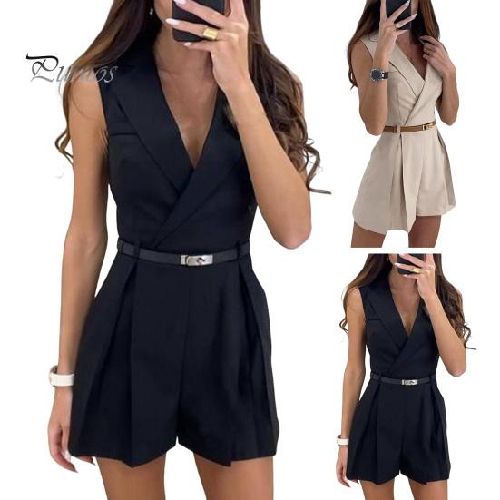 Dámský letní overal s límcem do V, jednobarevný plisovaný Slim Fit bez rukávů OL Formální styl pro dojíždění Měkký overal v délce nad kolena (Pás Ne