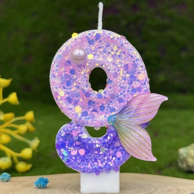 Purple Mermaid Tail Glitter 0-9 Number Candle Birthday Party Candle for Girls Cake Decoration Fish Tail Wedding Boys Girls Gifts